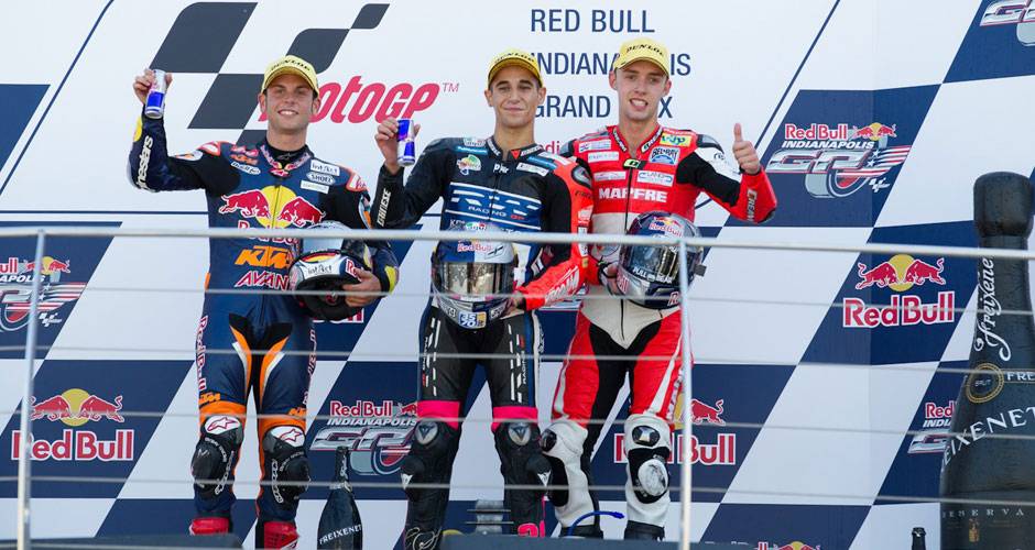 P&oacute;dio da Moto3, da esq. para a dir.: Cortese,Salom e Folger. Leia mais