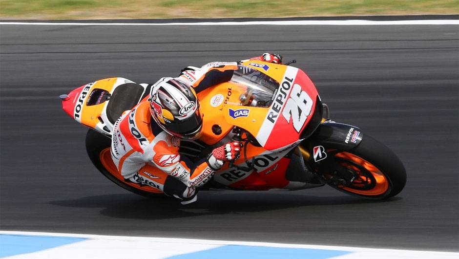 Dani Pedrosa foi o segundo mais r&aacute;pido | <a href="https://beta-develop.quatrorodas.abril.com.br/moto/noticias/motogp-lorenzo-domina-dia-australia-775379.shtml" rel="migration">Leia mais</a>