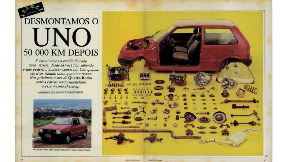 Fiat Uno: o desmonte do compacto foi o primeiro a trazer uma análise detalhada de cada peça, fornecendo um diagnóstico mais detalhado para os leitores. | <a href="https://beta-develop.quatrorodas.abril.com.br/acervodigital/home.aspx?edicao=308&pg=37" rel="migration">Leia mais</a>