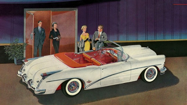 Skylark 1954Vers&atilde;o do Roadmaster de 1953, cinquenten&aacute;rio da Buick, com teto e linha de cintura mais baixos, ganhou um dos pares de barbatanas mais curiosos da d&eacute;cada em 1954