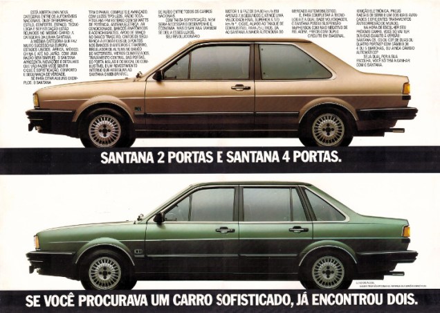 1984 - Com um novo motor 1.8 de 92,4 cv, maior cilindrada em um VW at&eacute; ent&atilde;o, o Santana inovava ao oferecer c&acirc;mbios autom&aacute;tico e manual de cinco velocidades