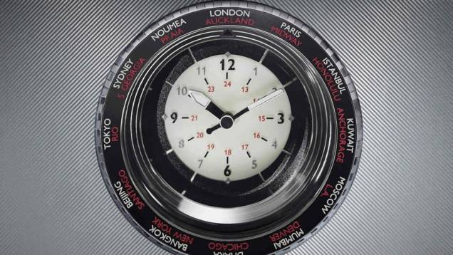 Rel&oacute;gio no console central que marca a hora local de 24 cidades do planeta | <a href="https://beta-develop.quatrorodas.abril.com.br/noticias/saloes/paris-2014/rolls-royce-phantom-metropolitan-collection-apresentado-paris-803619.shtml" rel="migration">Leia mais</a>