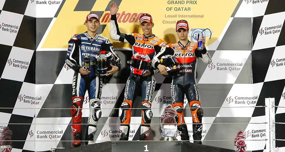 P&oacute;dio no Qatar: Casey Stoner em primeiro, Jorge Lorenzo na segunda coloca&ccedil;&atilde;o e Daniel Pedrosa em terceiro