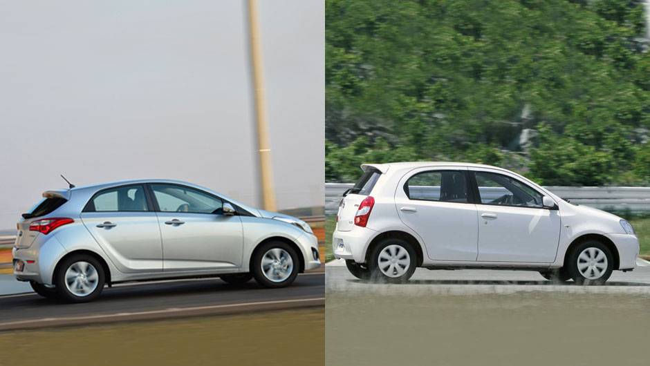Versões básicas: o Toyota Etios, com motor 1.3 16V, parte de R$ 29.990 e oferece airbag duplo. O Hyundai HB20 tem desempenho inferior em função do motor menor (1.0) e peso maior, porém, custando R$ 31.995, oferece ar-condicionado, direção hidráulica, vid Versões básicas: o Toyota Etios, com motor 1.3 16V, parte de R$ 29.990 e oferece airbag duplo. O Hyundai HB20 tem desempenho inferior em função do motor menor (1.0) e peso maior, porém, custando R$ 31.995, oferece ar-condicionado, direção hidráulica, vid