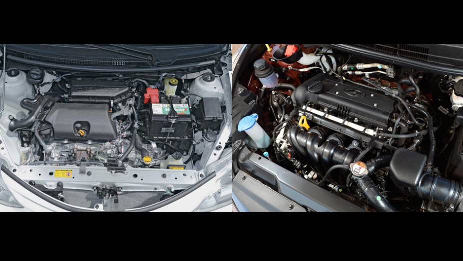 Na vers&atilde;o b&aacute;sica, o motor 1.3 16V do Etios agrada mais em rela&ccedil;&atilde;o ao 1.0 do HB20. Na vers&atilde;otopo de linha, o 1.5 16V do Toyota (esquerda) oferece boa dose de for&ccedil;a em baixo giro, mas n&atilde;o empolga em alta; propulsor 1.6 16V (direita) do HB20 &eacute; mais linear |