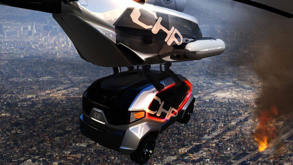 Fugindo um pouco do padr&atilde;o, a Honda apresentou dois projetos. O primeiro &eacute; o CHP Drone Squad. | <a href="https://beta-develop.quatrorodas.abril.com.br/noticias/tecnologia/salao-los-angeles-define-tema-desafio-design-721841.shtml" rel="migration">Leia mais</a>
