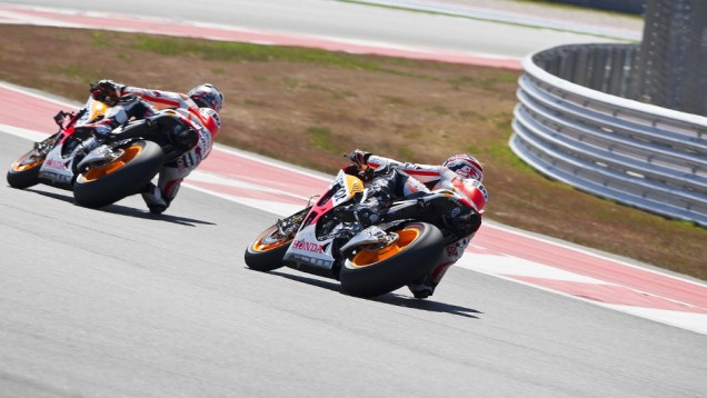 Pilotos da equipe Repsol Honda Team foram os mais r&aacute;pidos | <a href="https://beta-develop.quatrorodas.abril.com.br/moto/noticias/motogp-marc-marquez-absoluto-eua-736303.shtml" rel="migration">Leia mais</a>