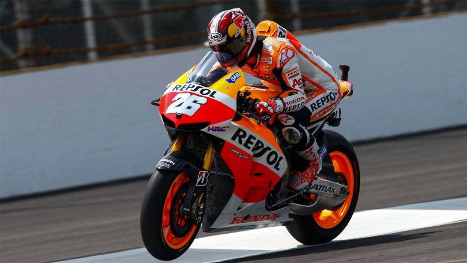 Dani Pedrosa foi o terceiro | <a href="https://beta-develop.quatrorodas.abril.com.br/moto/noticias/motogp-marquez-pole-indianapolis-750328.shtml" rel="migration">Leia mais</a>