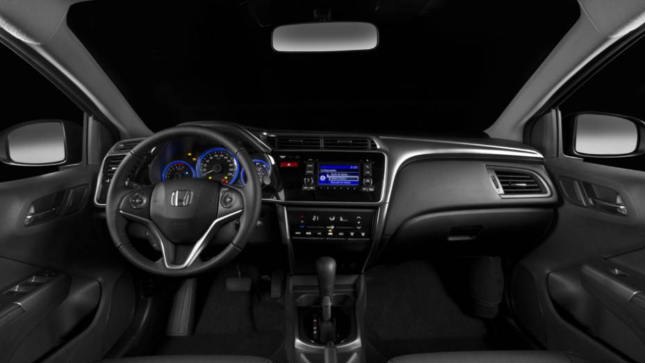 O painel parece o mesmo do Fit, mas tem itens exclusivos, como o ar-condicionado com tela touchscreen | <a href="https://beta-develop.quatrorodas.abril.com.br/carros/lancamentos/honda-city-800143.shtml" rel="migration">Leia mais</a>