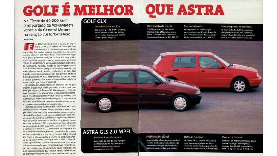 VW Golf e Chevrolet Astra: em uma iniciativa inusitada, QUATRO RODAS decidiu testar e desmontar dois dos médios mais desejados do país naquela época, após rodar 60 mil quilômetros | <a href="https://beta-develop.quatrorodas.abril.com.br/acervodigital/home.aspx?edicao=4" rel="migration"></a>