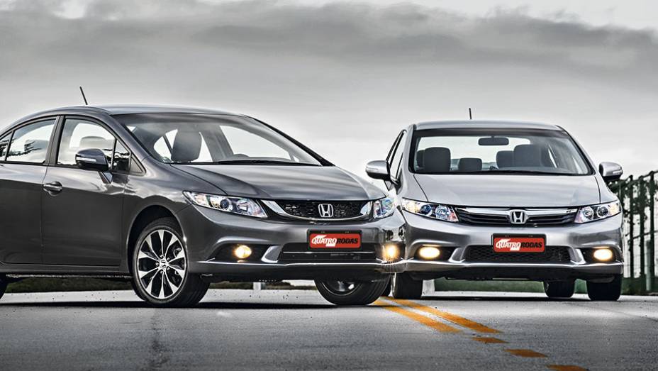 Ao lado do Civic 2014, é mais fácil ver o que mudou | <a href="https://beta-develop.quatrorodas.abril.com.br/carros/impressoes/honda-civic-2015-797583.shtml" rel="migration">Leia mais</a>