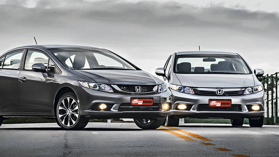 Ao lado do Civic 2014, &eacute; mais f&aacute;cil ver o que mudou | <a href="https://beta-develop.quatrorodas.abril.com.br/carros/impressoes/honda-civic-2015-797583.shtml" rel="migration">Leia mais</a>
