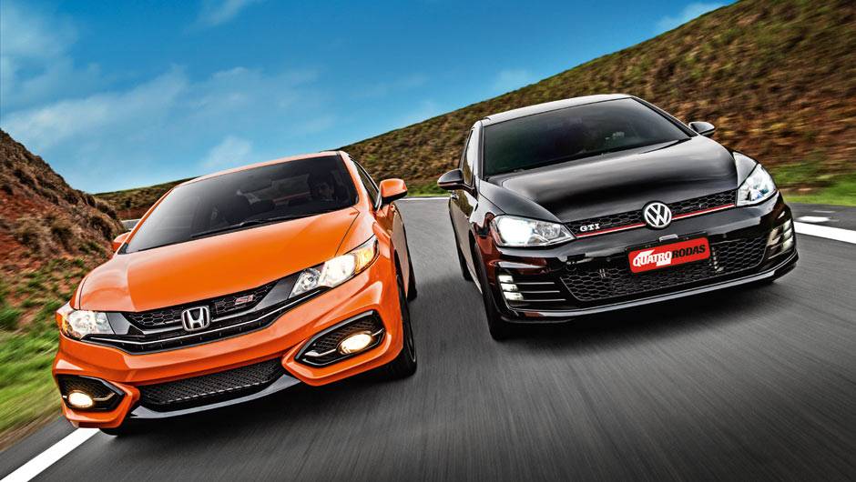 Velhos rivais se reencontram sete anos depois do primeiro embate | <a href="https://beta-develop.quatrorodas.abril.com.br/carros/comparativos/honda-civic-si-x-vw-golf-gti-816112.shtml" target="_blank" rel="migration">Leia mais</a>