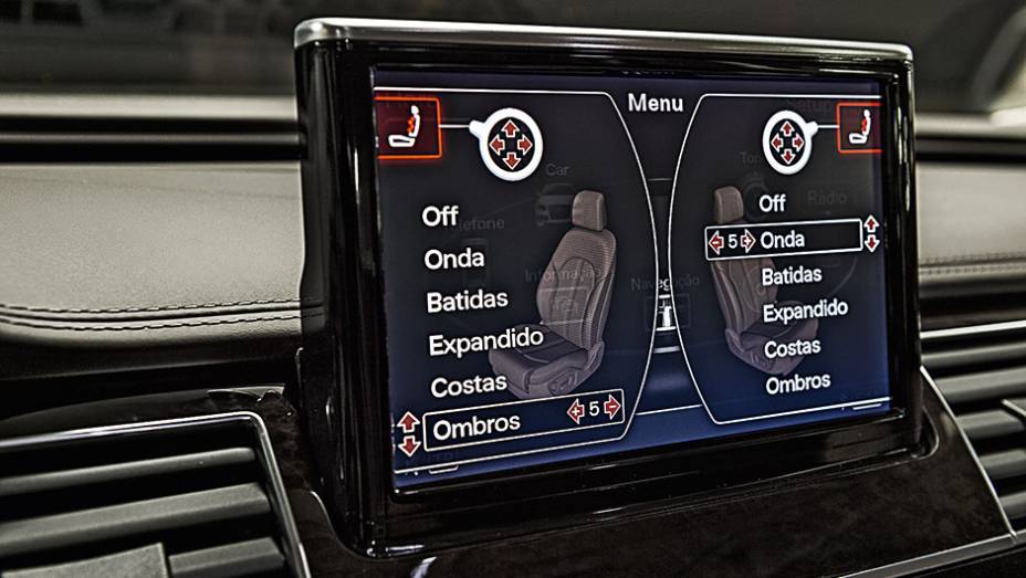 Menu do massageador pode ser acessado pela central multim&iacute;dia | <a href="https://beta-develop.quatrorodas.abril.com.br/carros/testes/audi-a8-4-0-tfsi-819948.shtml" target="_blank" rel="migration">Leia mais</a>
