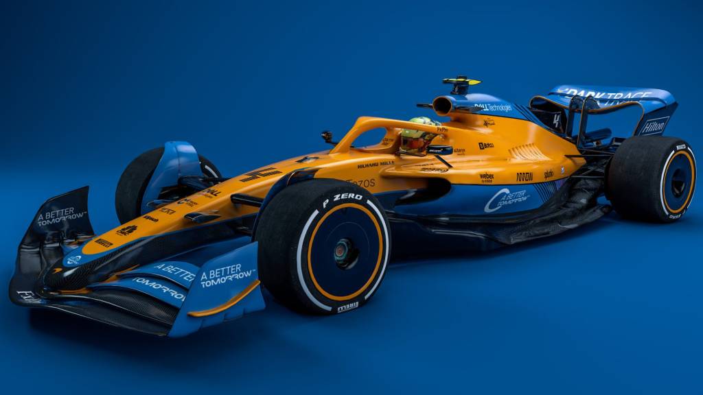 F1 MCLAREN 202 Carro-conceito da F1 para 2022 visto 3/4 de frente com as cores da McLaren