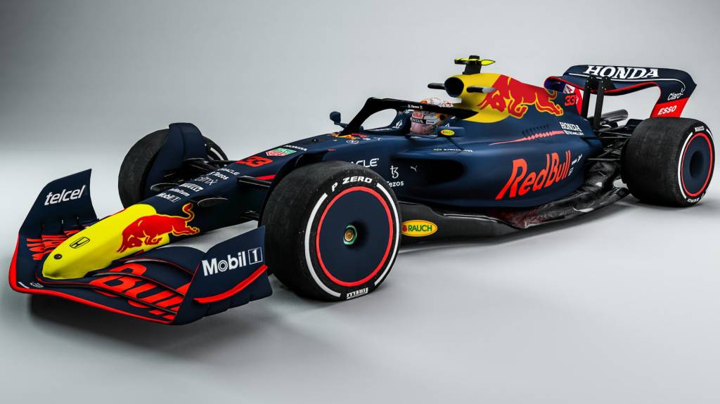 F1 RED BULL 2022 Carro-conceito da F1 para 2022 visto 3/4 de frente com cores da Red Bull