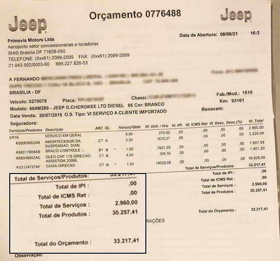 Com nove Grand Cherokee na conta, cliente afirma ter solucionado o problema de R$ 33.217 por apenas R$ 550