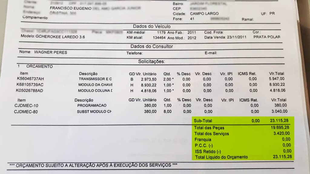 Proprietário paranaense também flertou com a perda total ao orçar reparo de seu Grand Cherokee V6 3.6 de 2011