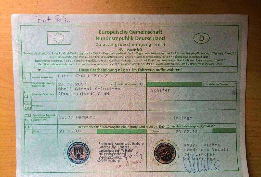 Fiat Palio 1.0 a venda na Alemanha-8 Documento de transferência do Palio da Shell para o segundo dono