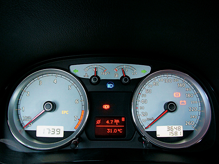 Marcadores com fundo e iluminação brancos do Golf GTI, da Volkswagen, modelo 2007, durante teste comparativo da revista Quatro Rodas.