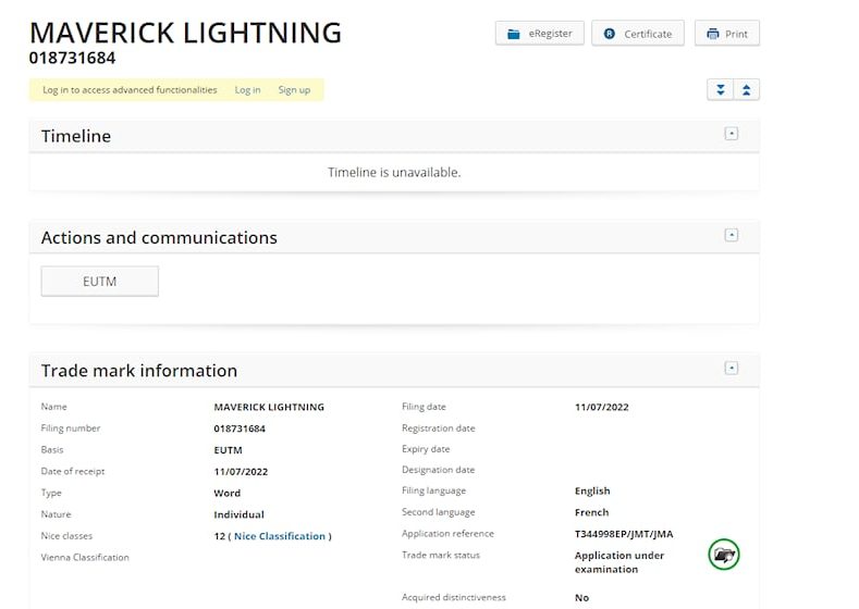 Ranger Lightning e Maverick Lightning s&atilde;o registradas