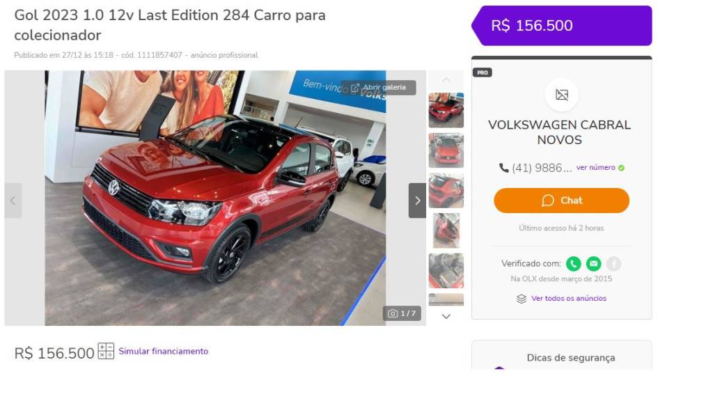 Unidade mais cara do Last Edition à venda na OLX está em um revendedor Volkswagen