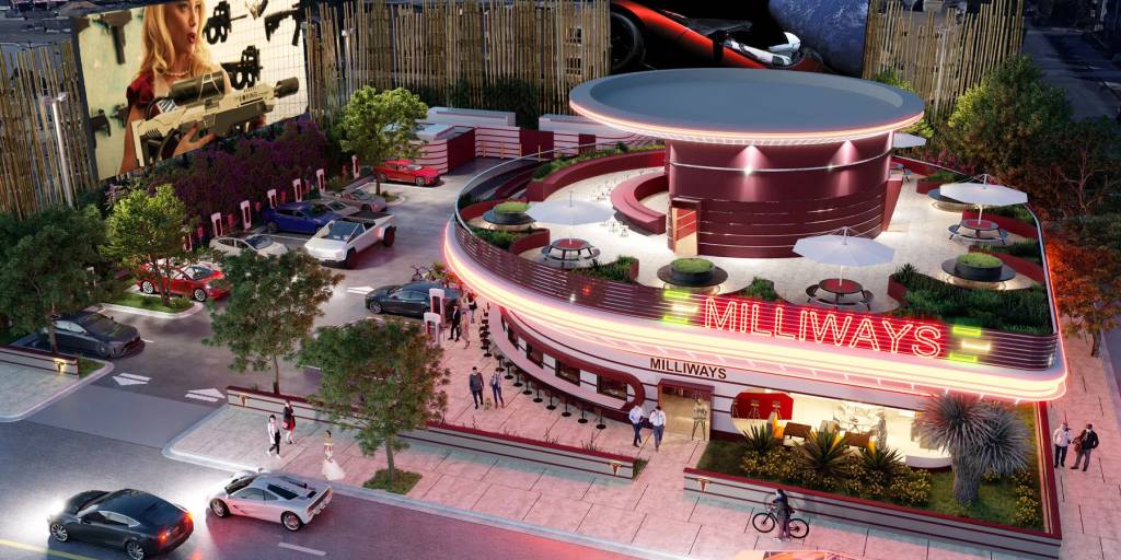 tesla-diner-supercharger-la-designboom-1800 Projeção feita de como será o novo Diner and Drive-in Movie Supercharger em West Hollywood