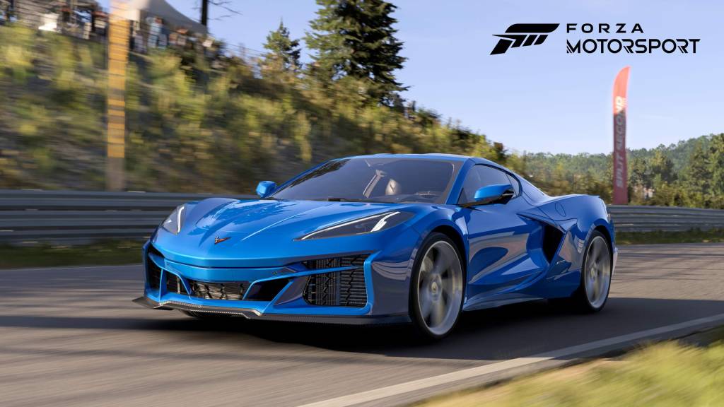 forza-motorsport-04 Driver’s side front 3/4 view of 2024 Chevrolet Corvette E-Ray in Riptide Blue driving on a road in Forza Motorsport.