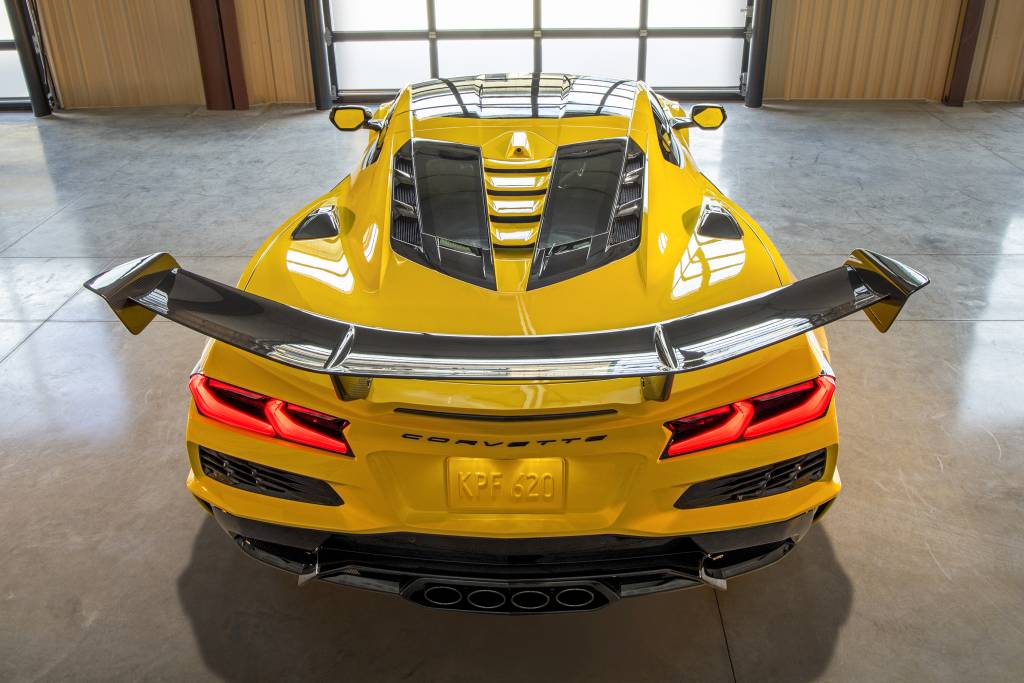 Chevrolet Corvette ZR1 Coupe Rear view of Chevrolet Corvette ZR1 Coupe with ZTK Performance Package, highlighting the split-window rear hatch, parked in a garage. Preproduction model shown. Actual production model may vary.