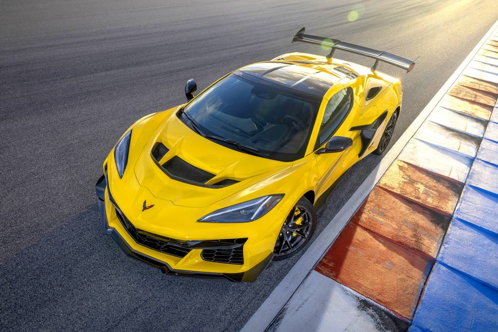 Chevrolet Corvette ZR1 Coupe Front aerial shot of the Chevrolet Corvette ZR1 coupe in Competition Yellow with optional ZTK Performance Package on the race track. Preproduction model shown. Actual production model may vary.