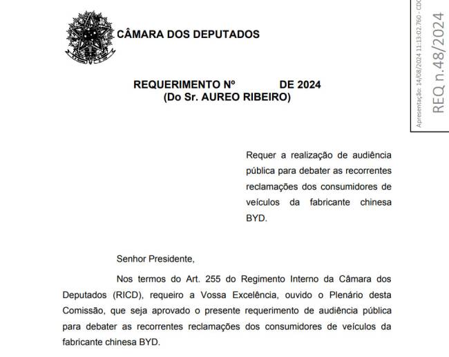 Requerimento de audiência pública sobre a BYD