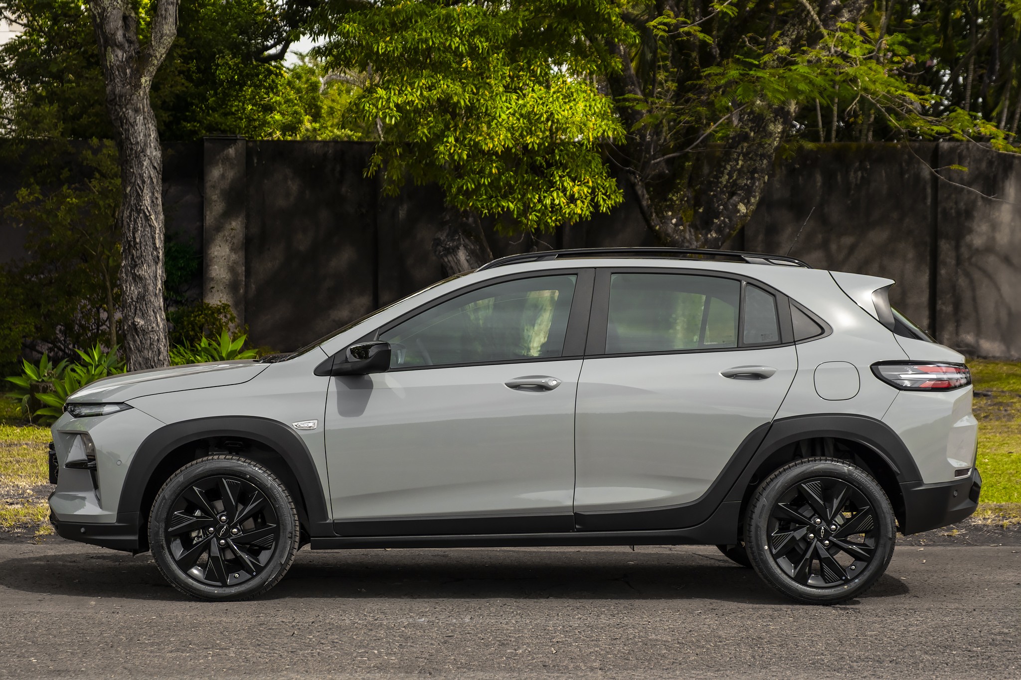SUV cinza claro, visto de perfil, com rodas pretas e detalhes em pl&aacute;stico preto nas caixas de roda e saias laterais, estacionado em uma rua asfaltada. Ao fundo, um muro escuro e &aacute;rvores com folhagem verde.