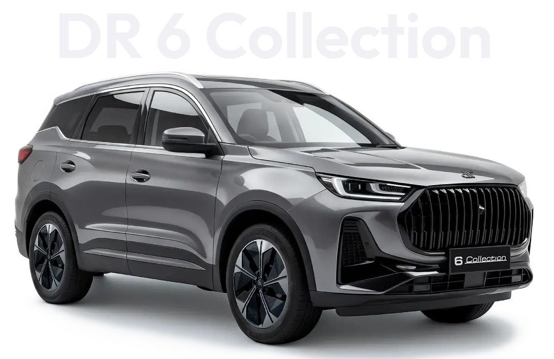 SUV DR 6 Collection cinza chumbo, visto de tr&ecirc;s quartos frontal, com far&oacute;is afilados e grade dianteira preta vertical, rodas de liga leve em preto e prata, sobre fundo branco. O texto 