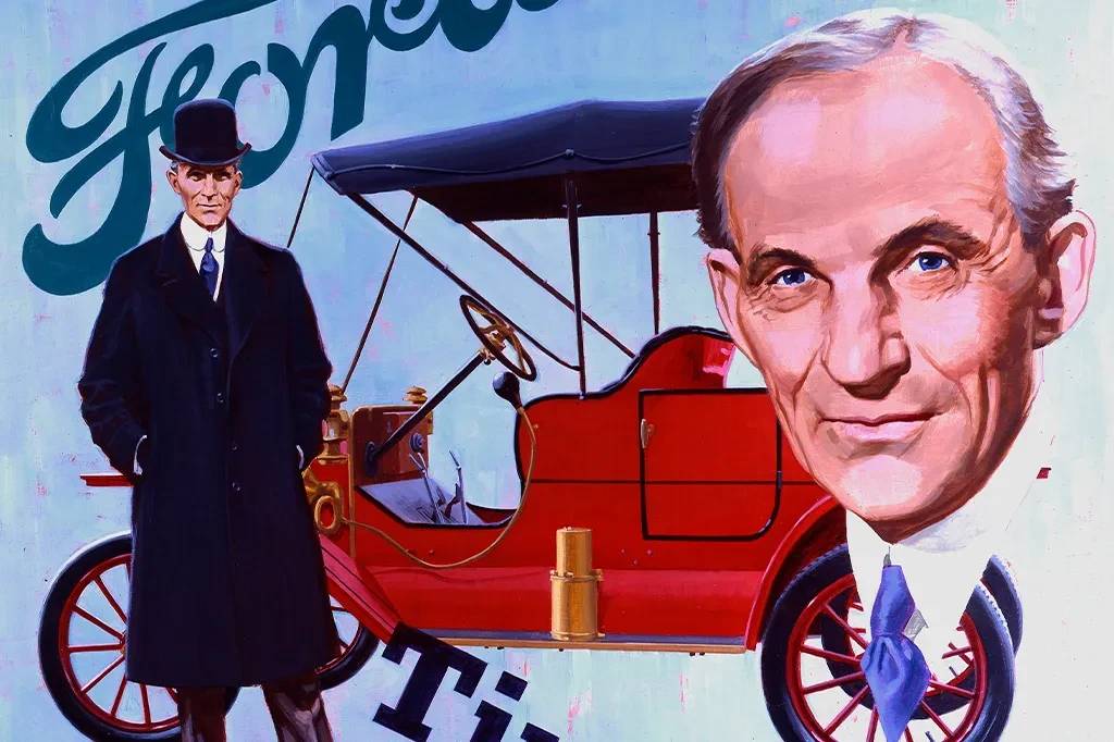 Pintura de Henry Ford, com rosto sorridente em primeiro plano, e ele mesmo jovem, de chap&eacute;u e sobretudo, ao lado de um carro Ford vermelho antigo, com a palavra 