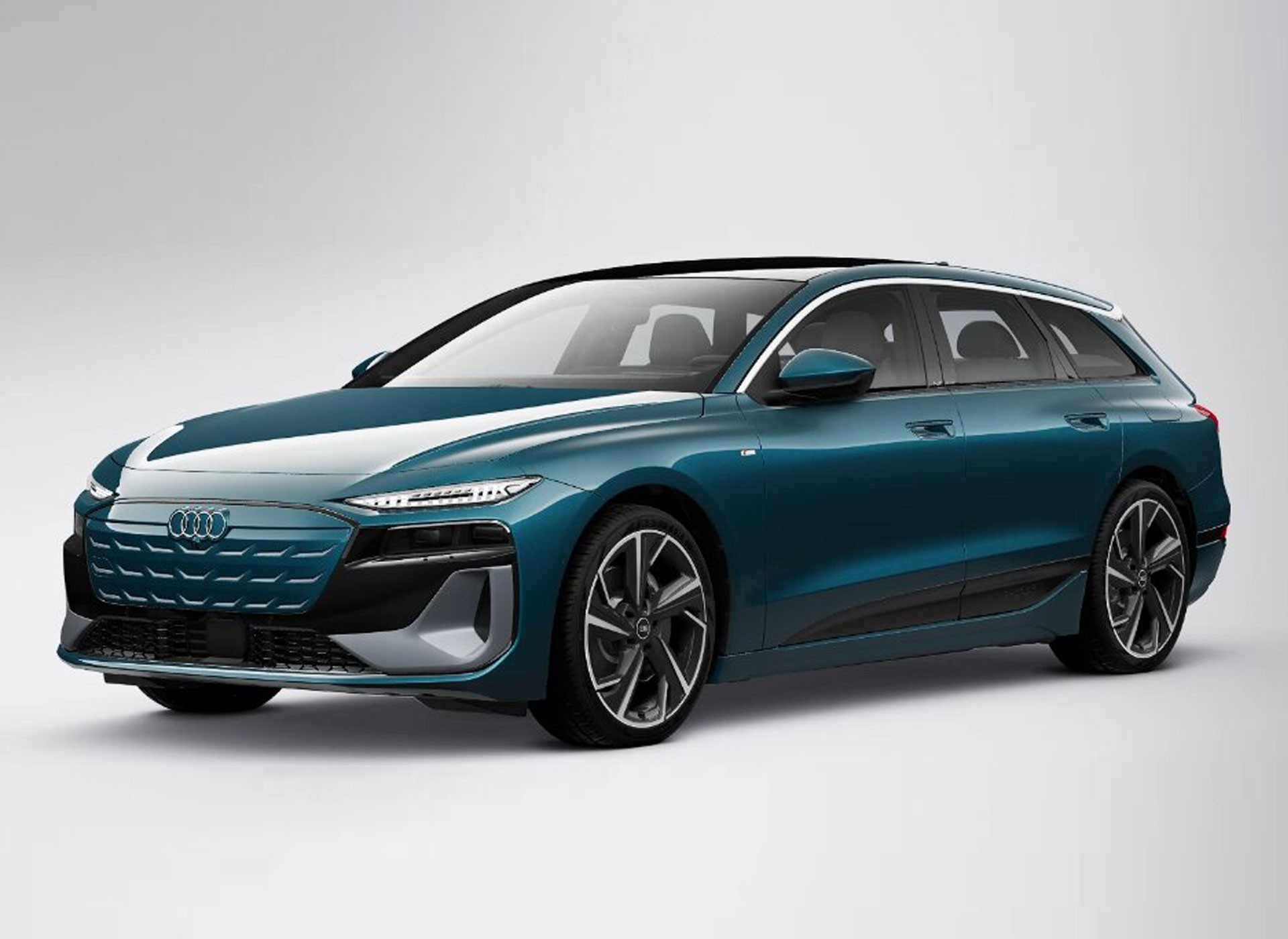 Carro Audi A6 Avant e-tron azul-petr&oacute;leo, modelo perua, com teto solar preto, rodas esportivas escuras e far&oacute;is de LED finos, em fundo branco
