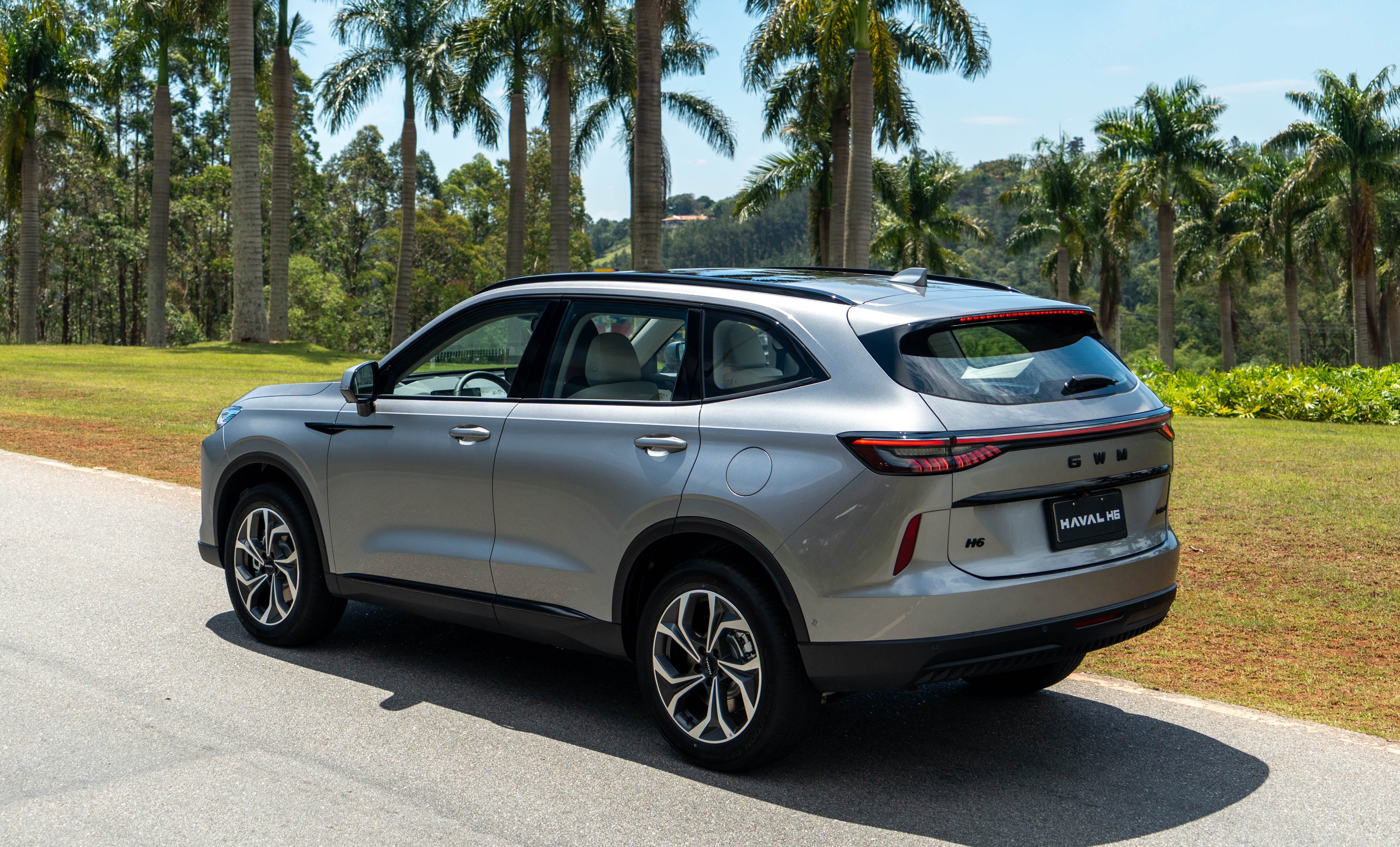 SUV prateado Haval H6 estacionado na lateral de uma estrada asfaltada, com palmeiras altas e gramado verde ao fundo sob c&eacute;u azul