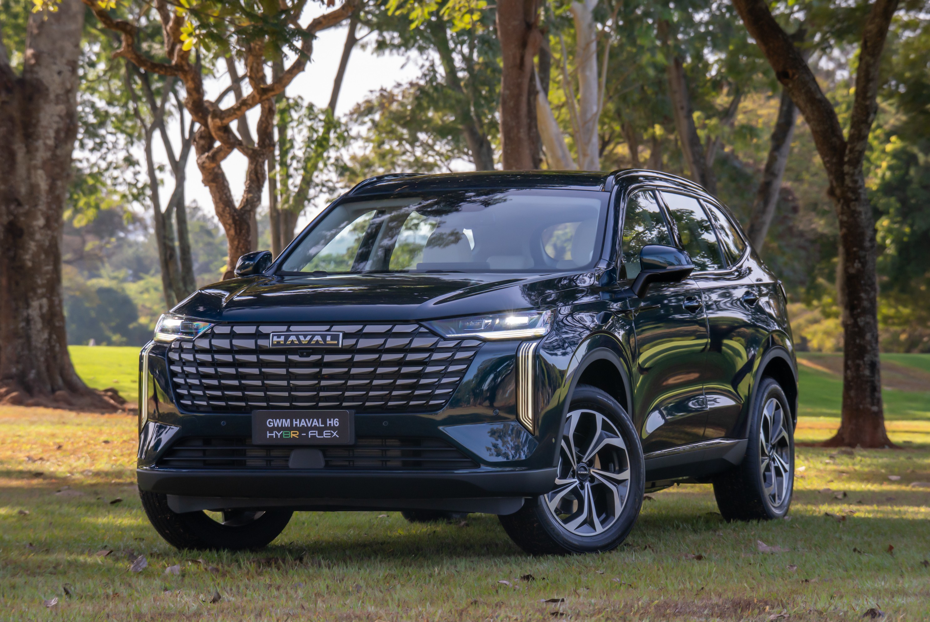SUV Haval H6 GT preto, com far&oacute;is acesos, estacionado em um gramado verde com &aacute;rvores ao fundo, sob luz solar