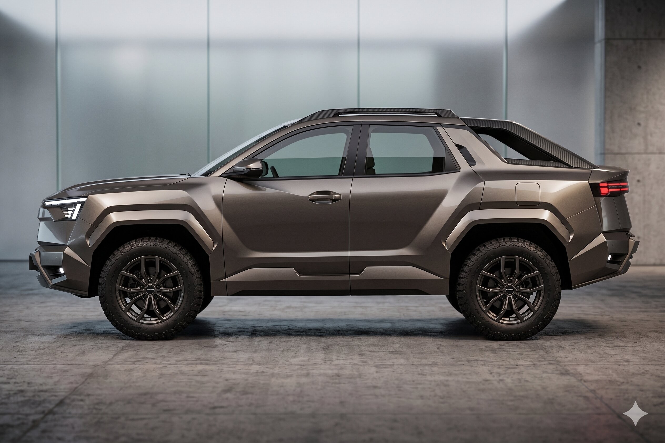 Picape moderna de cor bronze, com design robusto e linhas angulares, vista de perfil. Possui pneus off-road, rack de teto e lanternas traseiras horizontais. O ve&iacute;culo est&aacute; estacionado em um ambiente interno com paredes cinzas e piso de concreto.
