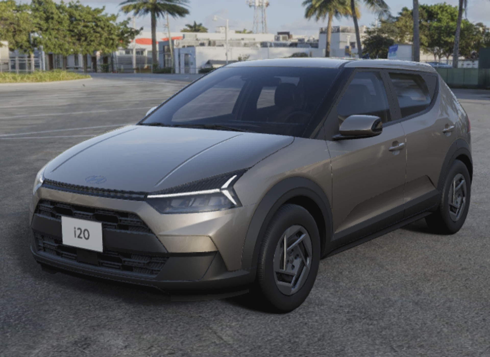Carro compacto marrom-claro, modelo Hyundai i20, estacionado em p&aacute;tio de asfalto. Possui far&oacute;is em LED com formato de bumerangue, grade frontal preta e placa I20 na frente. Ao fundo, palmeiras e edif&iacute;cios sob c&eacute;u azul