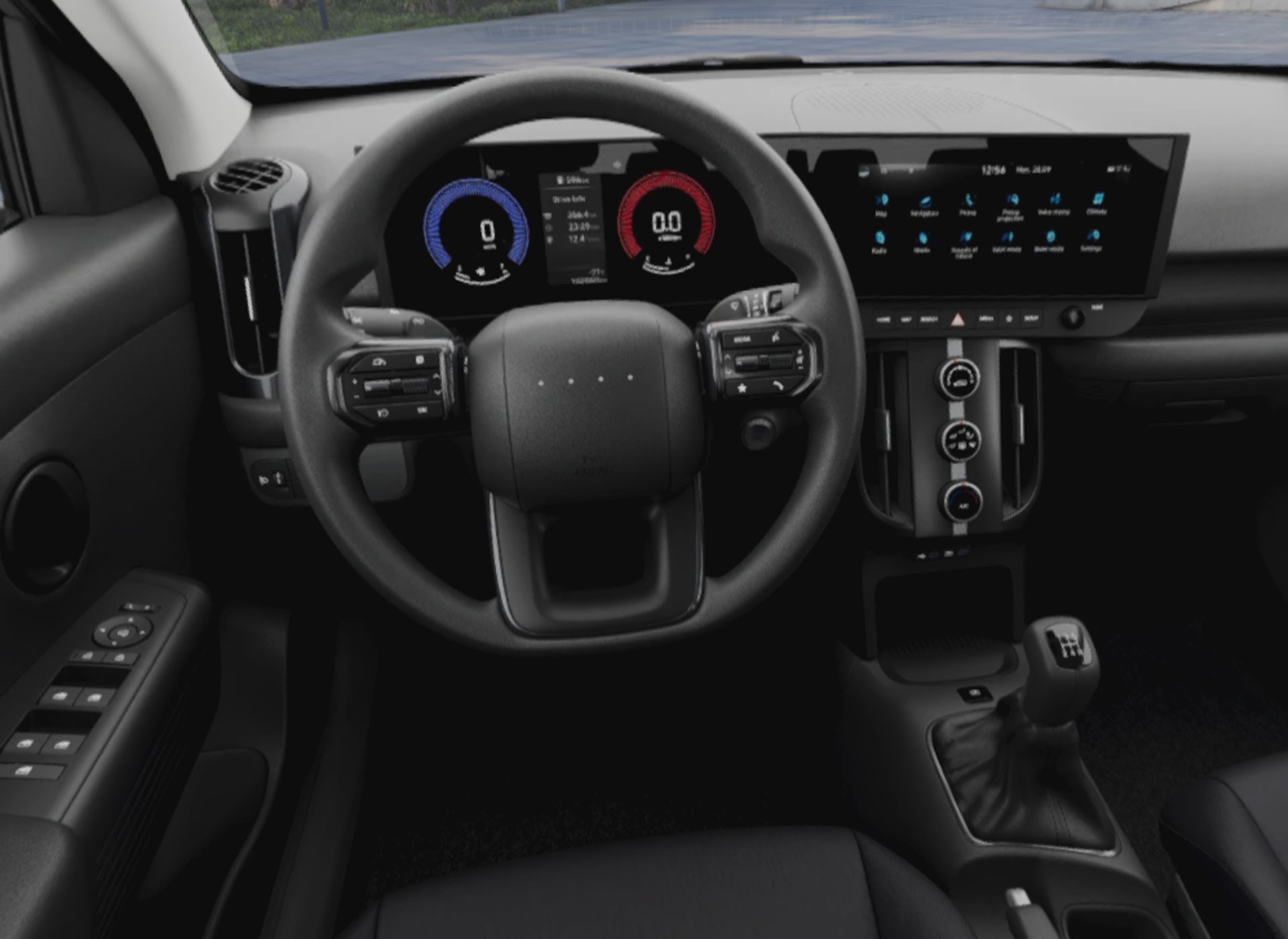Interior de um carro moderno com volante preto, painel digital com veloc&iacute;metro e conta-giros, e uma tela multim&iacute;dia sens&iacute;vel ao toque exibindo &iacute;cones de aplicativos. O console central possui bot&otilde;es de controle e uma alavanca de c&acirc;mbio manual