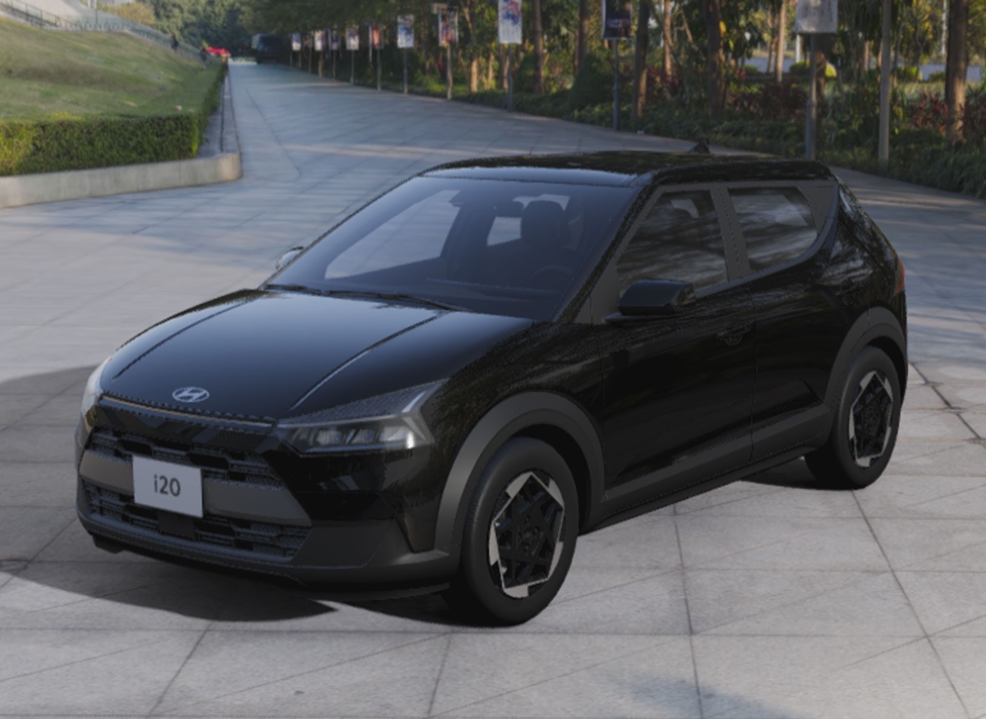 Carro Hyundai i20 preto brilhante, com detalhes escuros nos para-lamas e rodas, estacionado em uma rua pavimentada com &aacute;rvores e gramado ao fundo