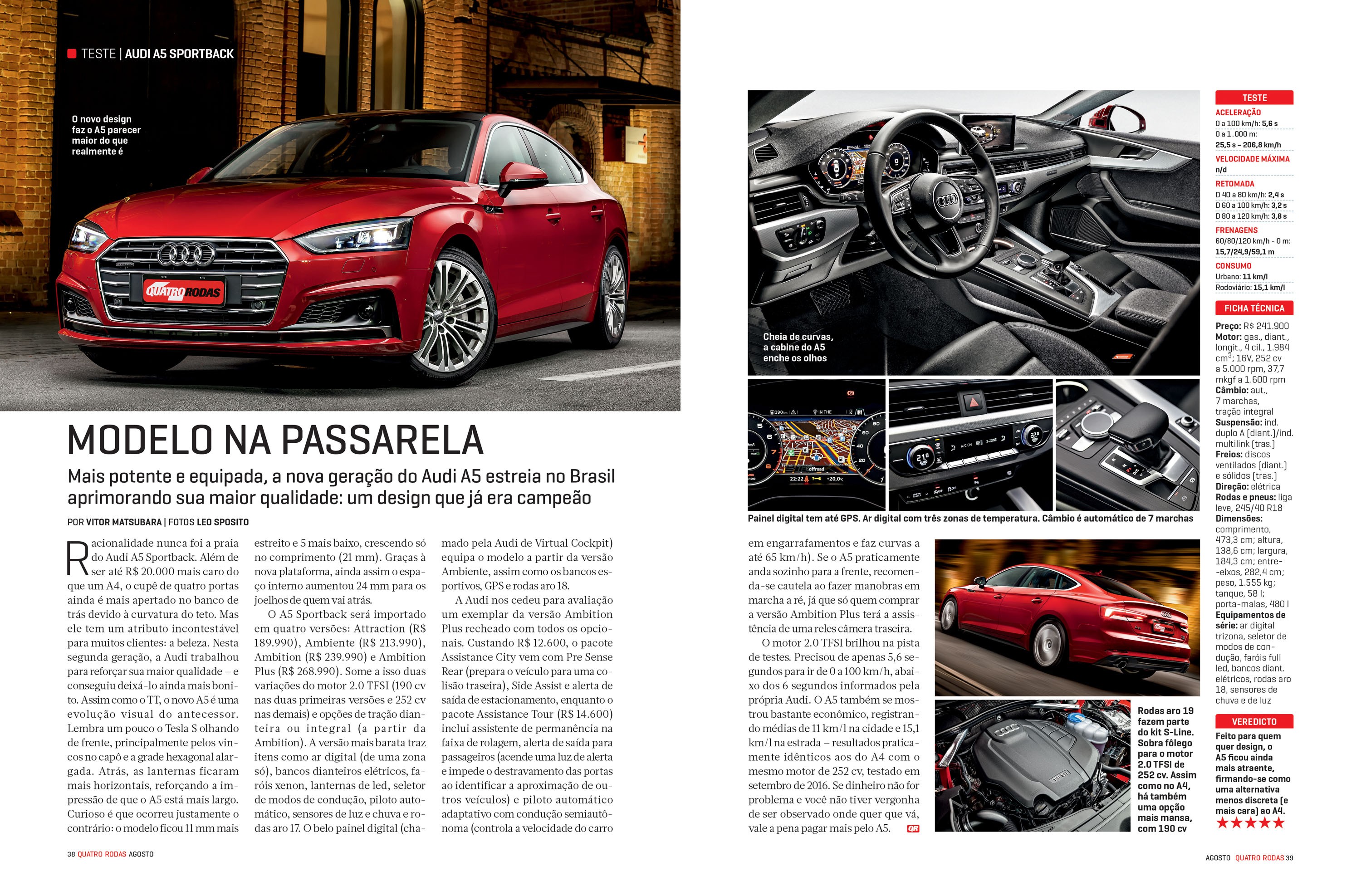 Revista automotiva com um Audi A5 Sportback vermelho em destaque, mostrando o exterior, interior e motor do carro, com textos sobre suas caracter&iacute;sticas e ficha t&eacute;cnica