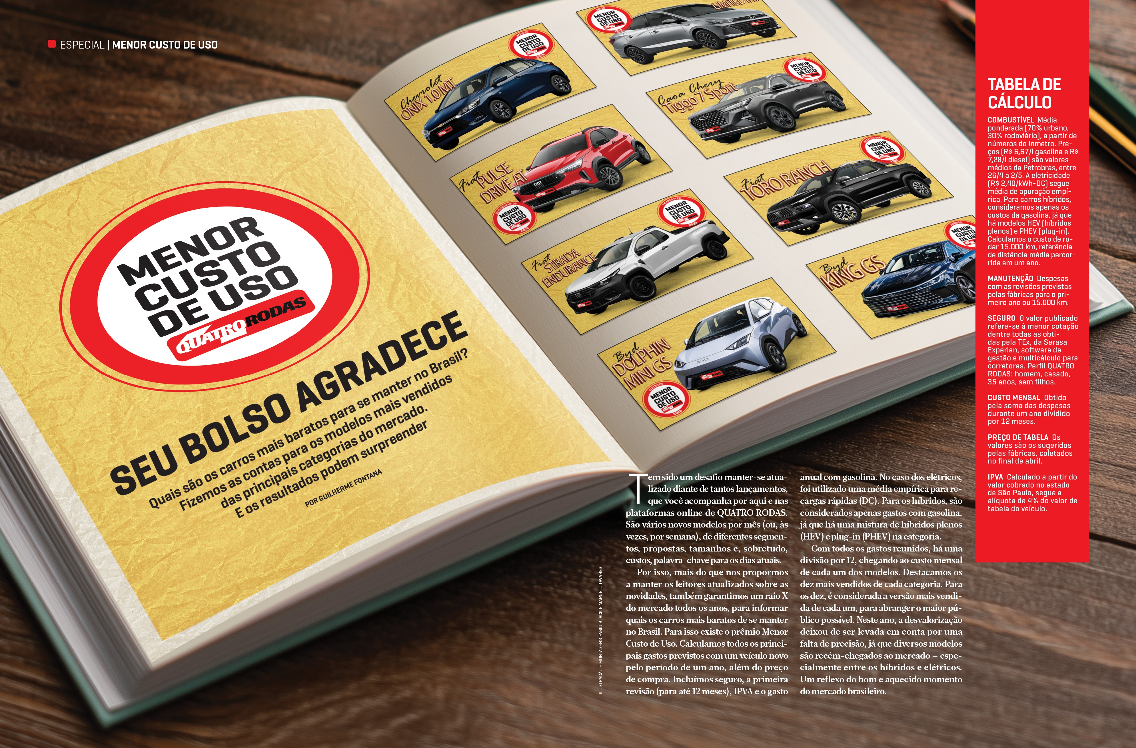 Revista Quatro Rodas aberta em uma mesa de madeira, mostrando a mat&eacute;ria Menor Custo de Uso com imagens de carros e texto sobre economia. &Agrave; direita, uma coluna vermelha com Tabela de C&aacute;lculo e l&aacute;pis coloridos