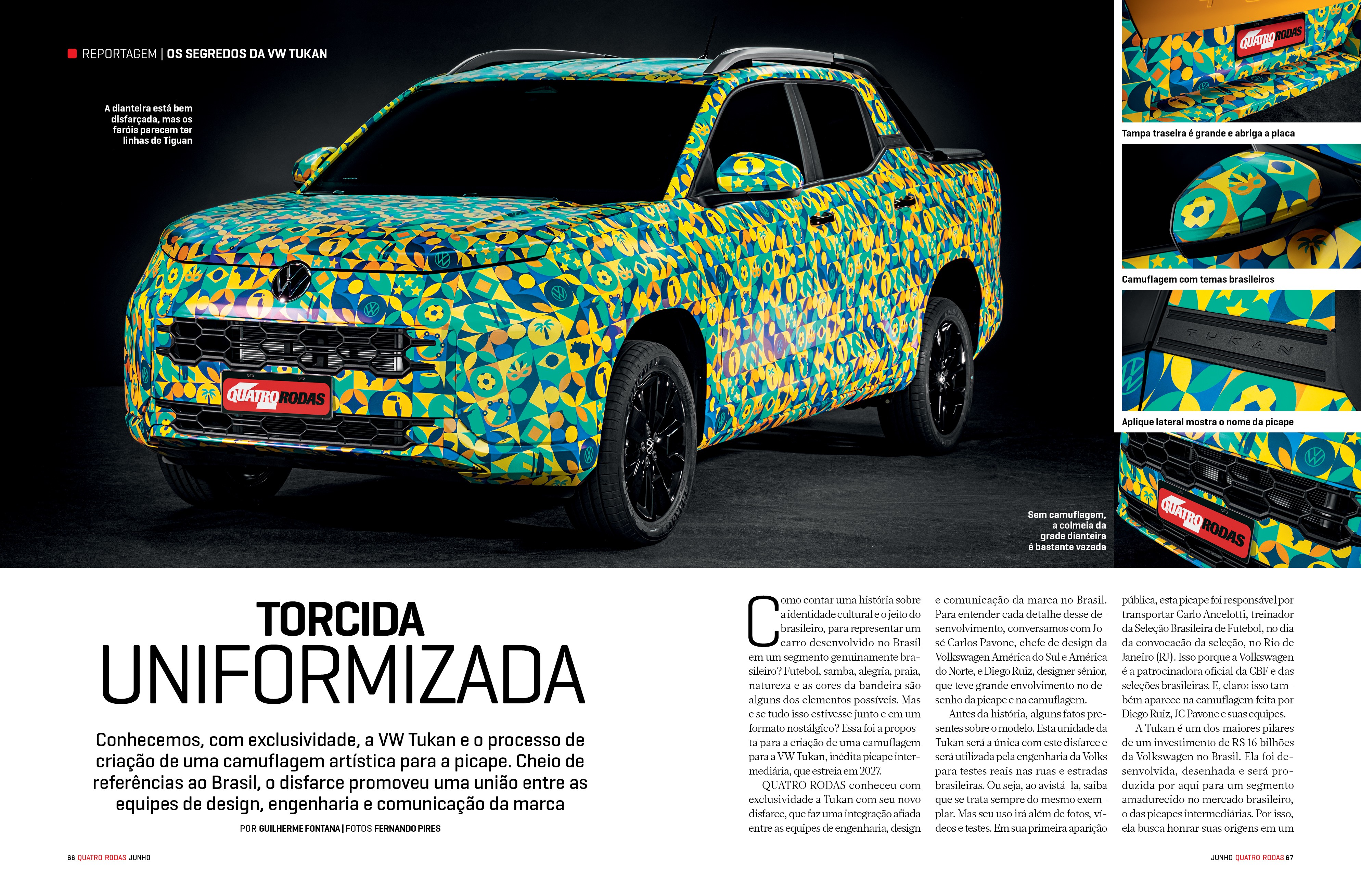 Picape VW Tuk&aacute;n em camuflagem art&iacute;stica verde, amarela e azul, com padr&otilde;es geom&eacute;tricos e elementos brasileiros, como o mapa do Brasil e o Cristo Redentor, destacando o design frontal e as rodas pretas