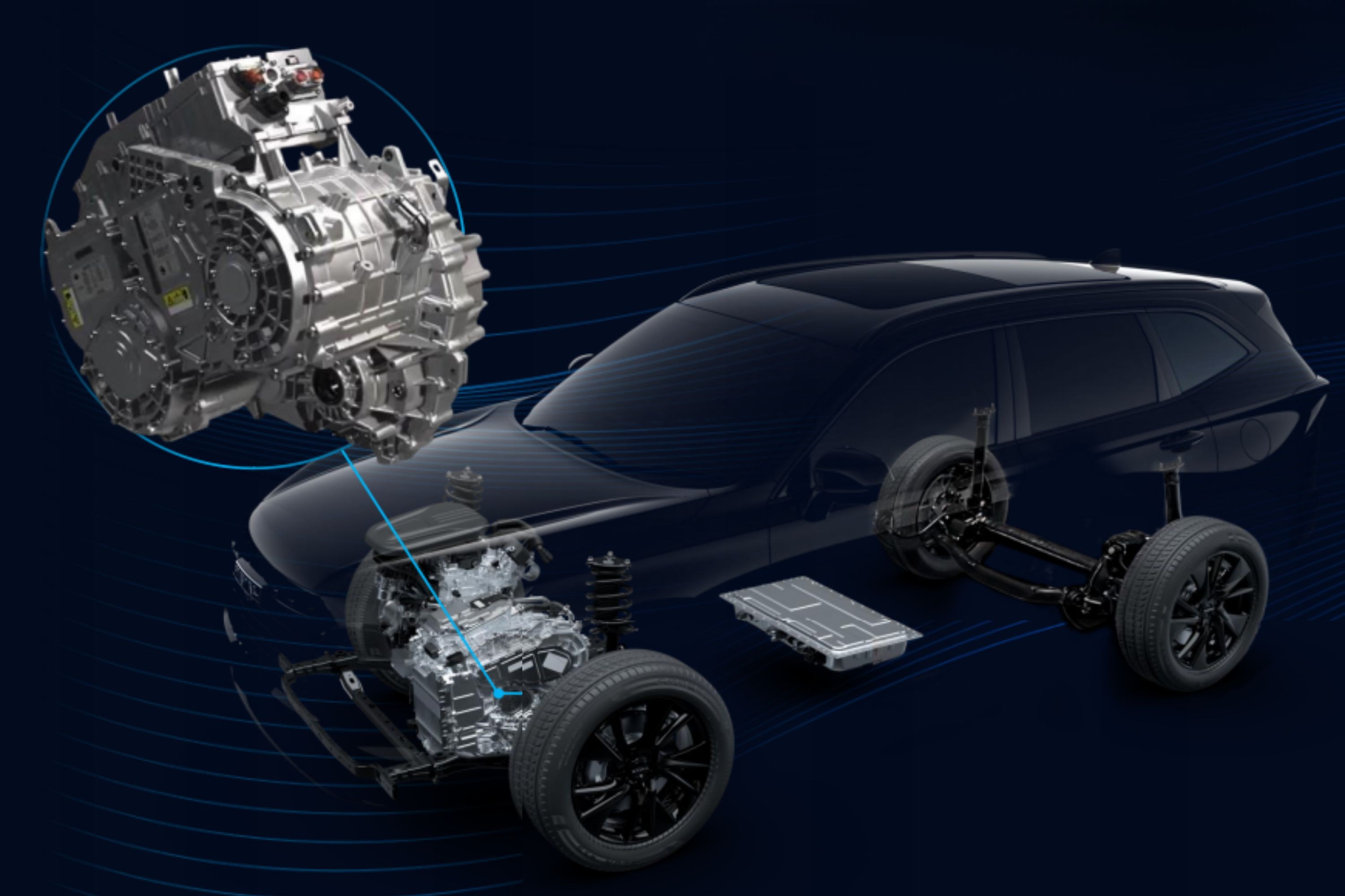 Diagrama de um carro h&iacute;brido ou el&eacute;trico, mostrando a carroceria escura transl&uacute;cida sobre o chassi com rodas, bateria e motor. Um motor ampliado flutua no canto superior esquerdo, conectado por uma linha azul ao motor no chassi. O fundo &eacute; azul escuro com linhas onduladas