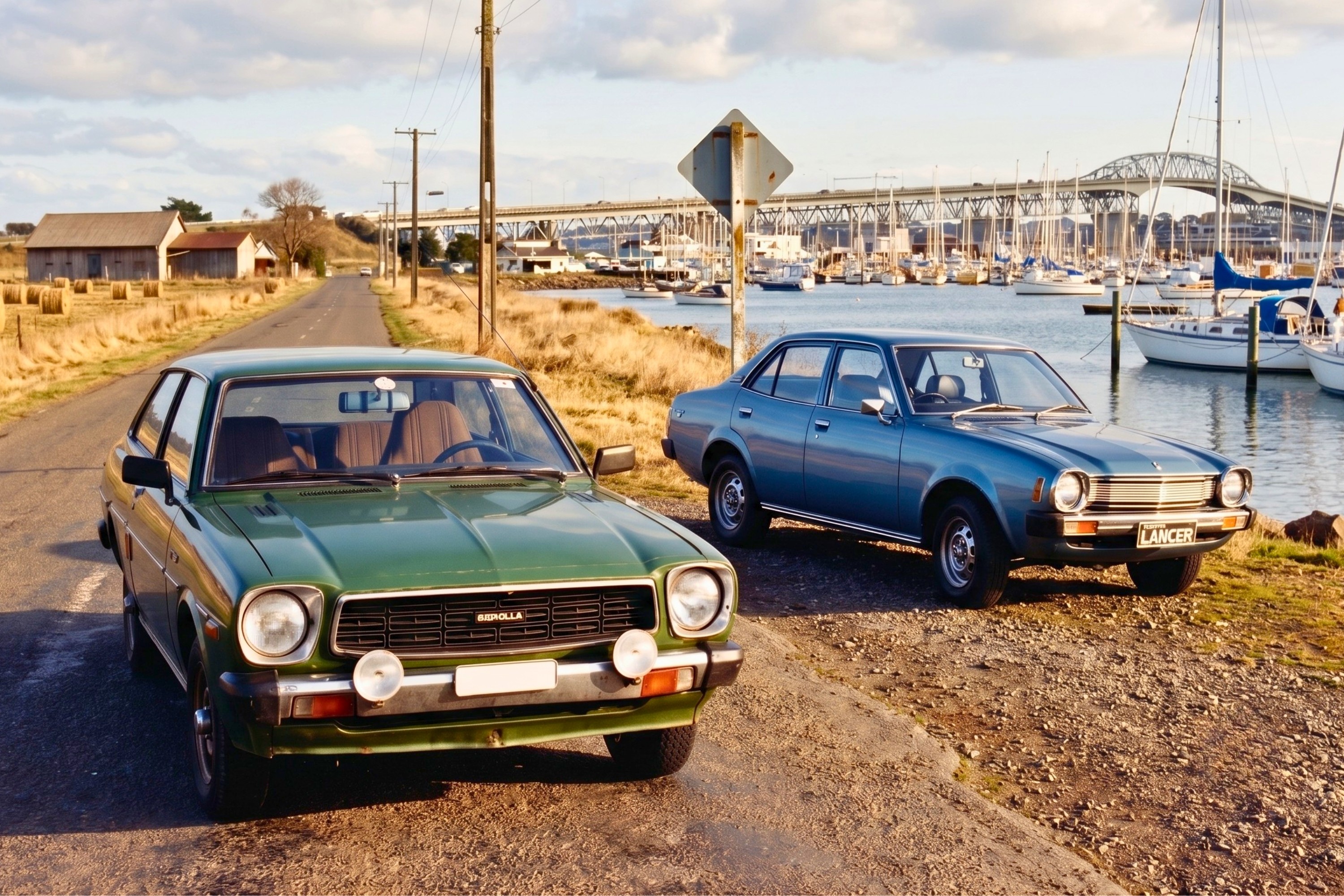 Dois carros antigos, um verde e um azul, estacionados em uma estrada de terra. Ao fundo, um porto com veleiros, uma ponte e um c&eacute;u azul com nuvens brancas