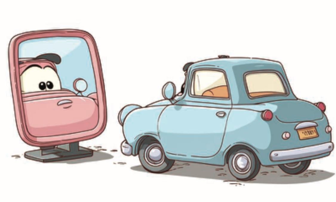 Um carro azul claro, visto de tr&aacute;s, olha para um espelho de corpo inteiro que reflete um carro rosa com olhos grandes e expressivos