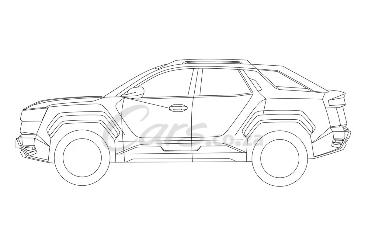 Desenho t&eacute;cnico de um carro SUV de quatro portas, com teto reto e rack de teto, visto de perfil. O ve&iacute;culo possui para-lamas robustos e rodas grandes, com design moderno e linhas angulares. A traseira tem um caimento suave, lembrando uma picape compacta.