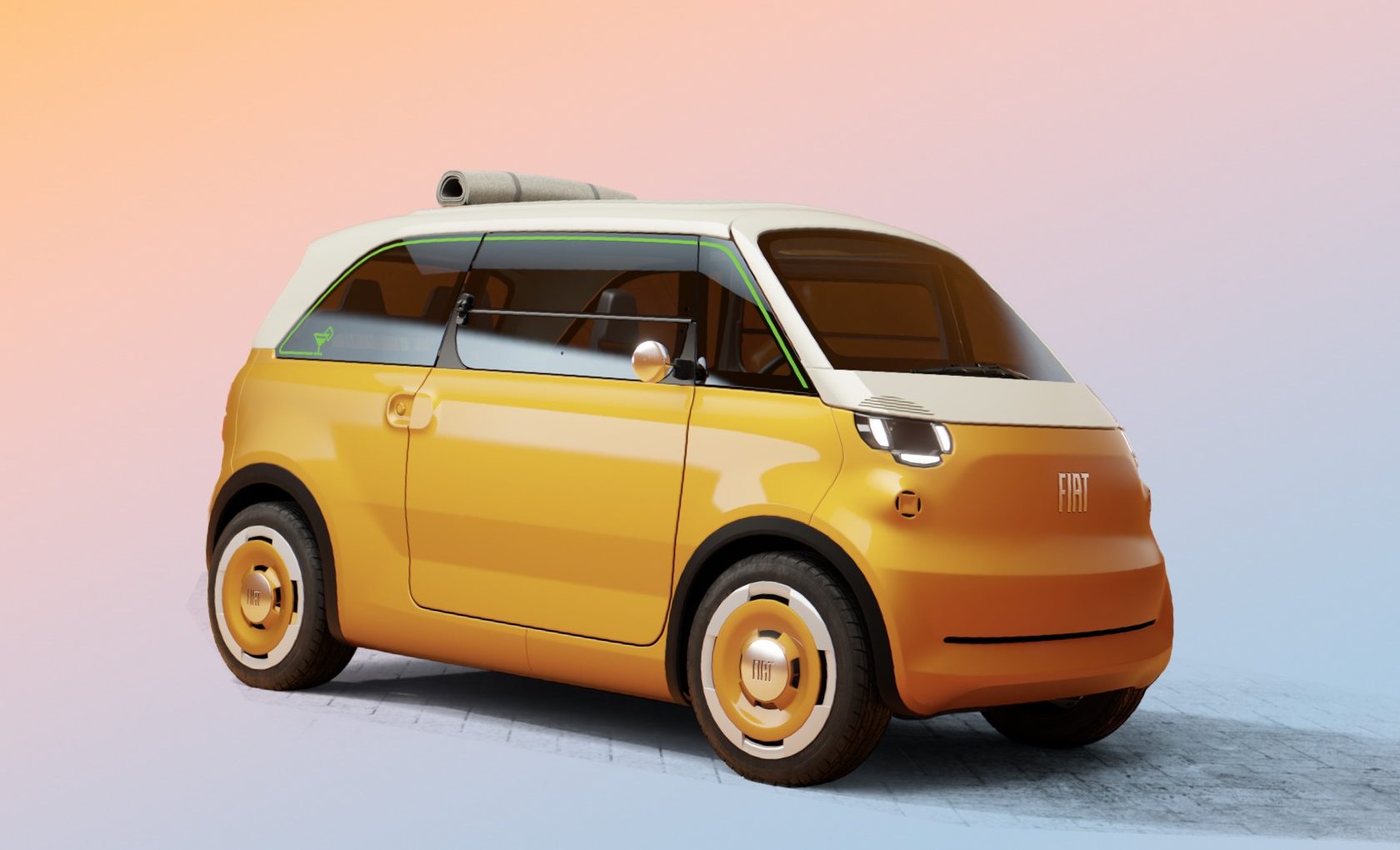Carro compacto Fiat el&eacute;trico, amarelo e branco, com teto solar enrolado, rodas amarelas e detalhes verdes, em fundo degrad&ecirc; laranja e azul