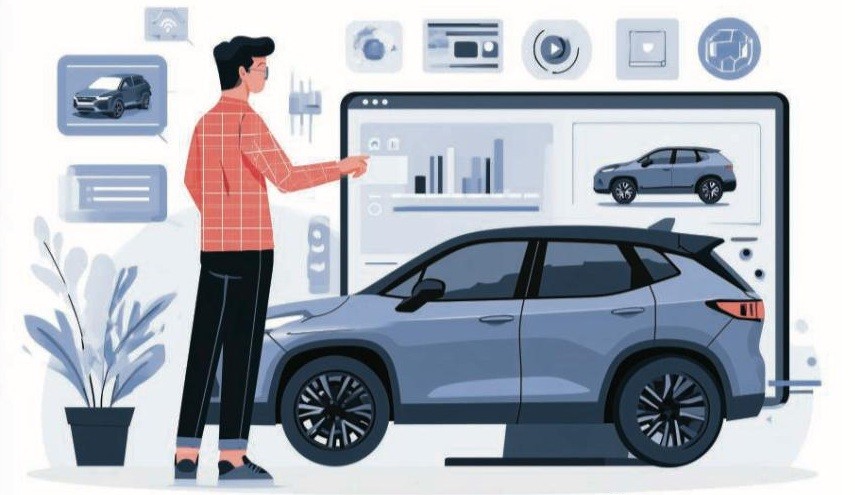 Homem de camisa xadrez laranja e cal&ccedil;a preta apontando para um monitor grande com gr&aacute;ficos e um carro azul. Um carro azul maior est&aacute; &agrave; frente do monitor, e &iacute;cones de aplicativos flutuam acima. Um vaso de planta est&aacute; &agrave; esquerda
